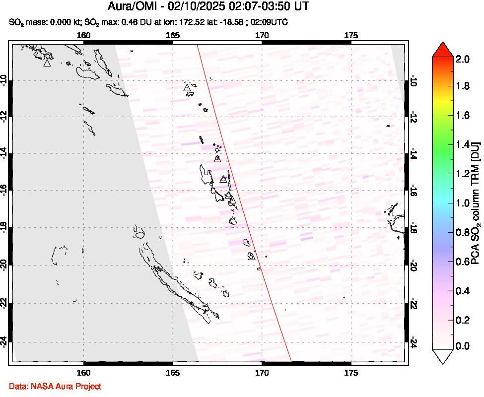 A sulfur dioxide image over Vanuatu, South Pacific on Feb 10, 2025.