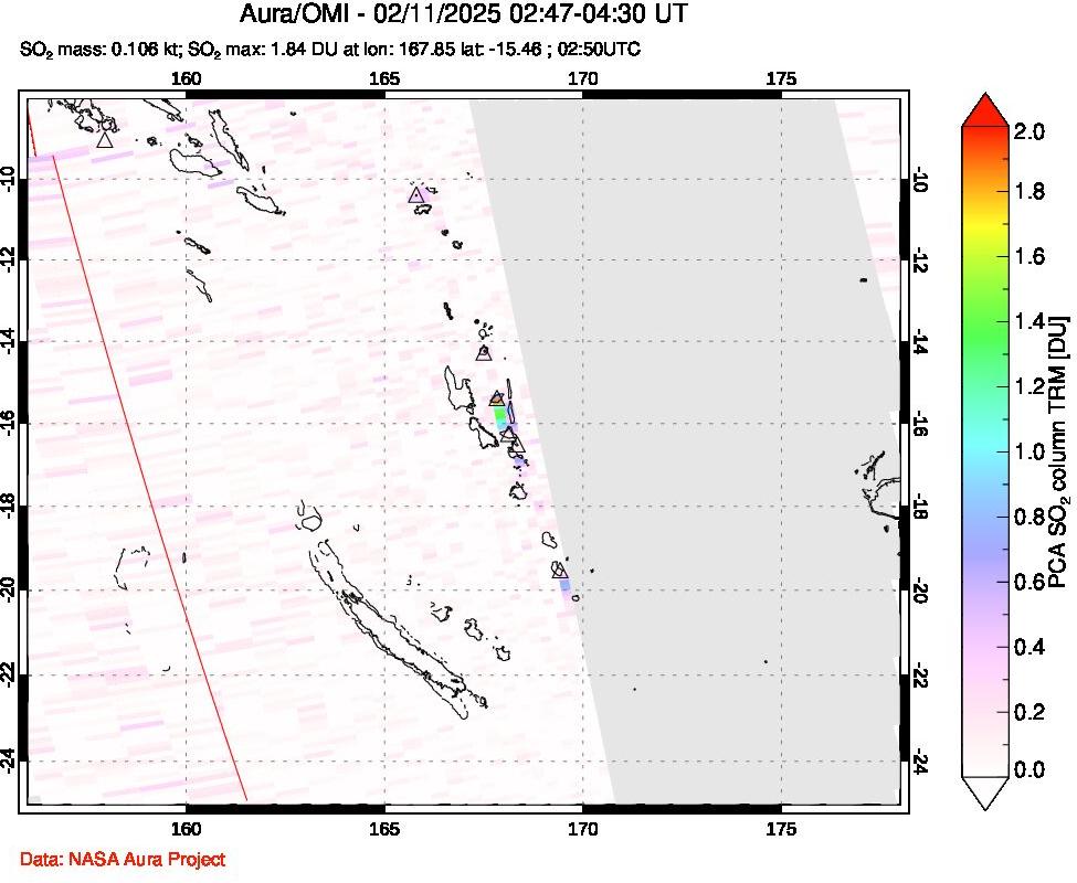 A sulfur dioxide image over Vanuatu, South Pacific on Feb 11, 2025.