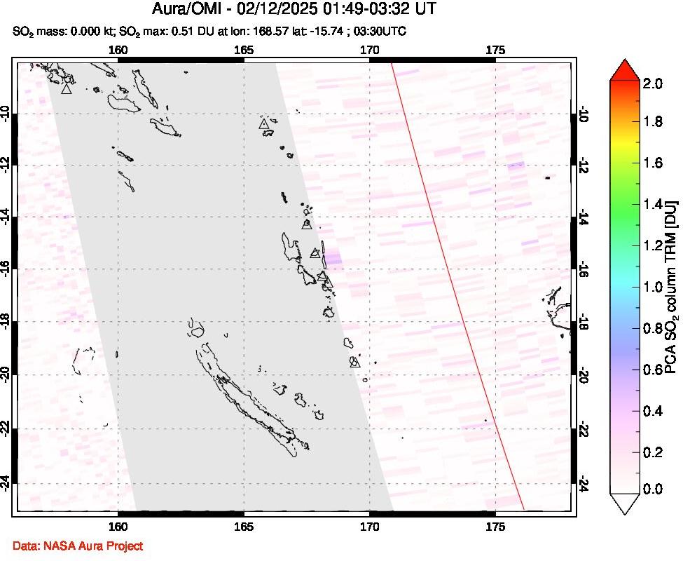 A sulfur dioxide image over Vanuatu, South Pacific on Feb 12, 2025.