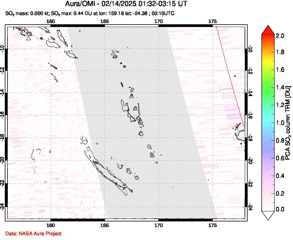 A sulfur dioxide image over Vanuatu, South Pacific on Feb 14, 2025.