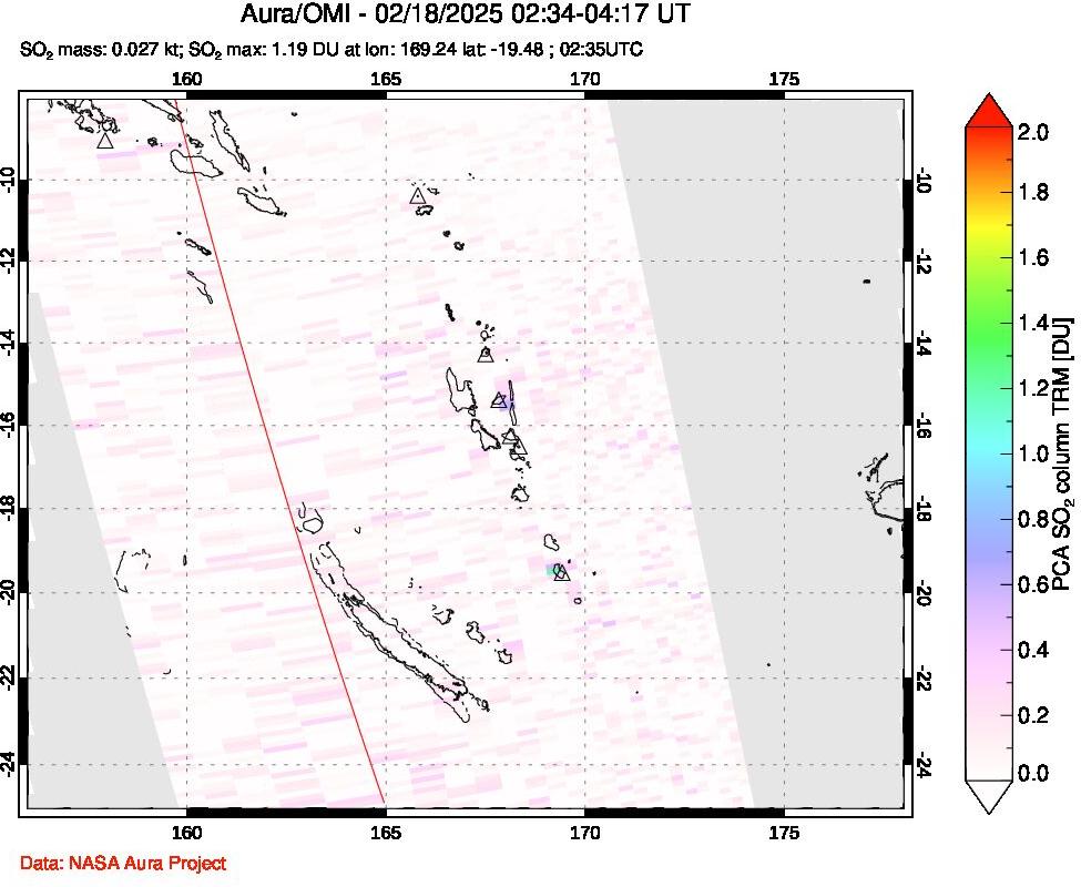 A sulfur dioxide image over Vanuatu, South Pacific on Feb 18, 2025.