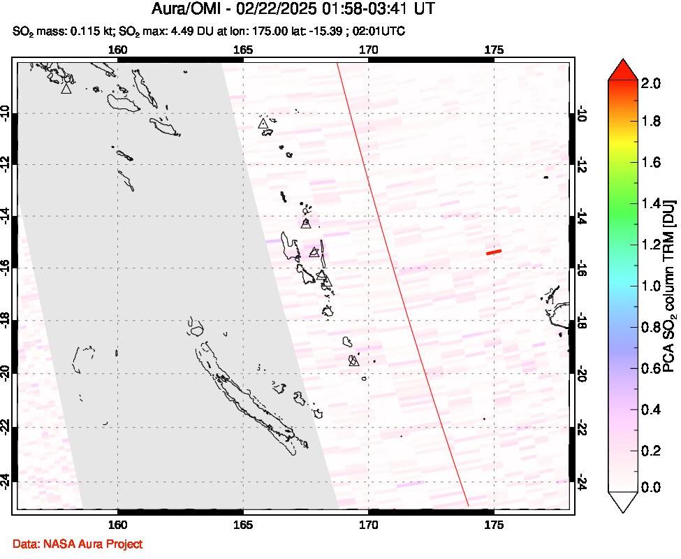 A sulfur dioxide image over Vanuatu, South Pacific on Feb 22, 2025.