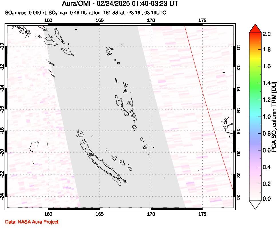 A sulfur dioxide image over Vanuatu, South Pacific on Feb 24, 2025.