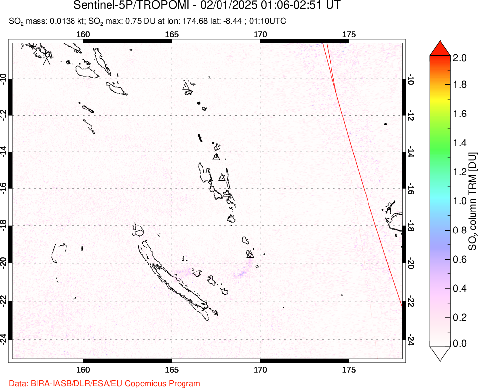 A sulfur dioxide image over Vanuatu, South Pacific on Feb 01, 2025.