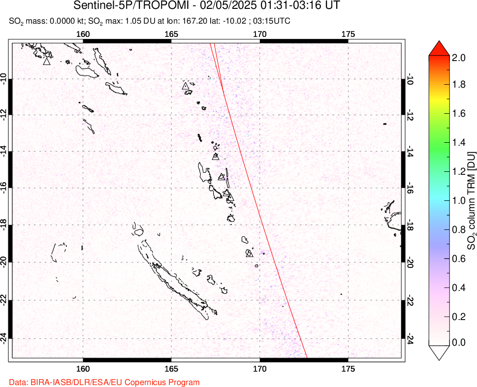 A sulfur dioxide image over Vanuatu, South Pacific on Feb 05, 2025.