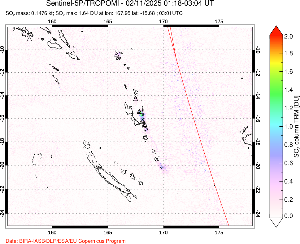 A sulfur dioxide image over Vanuatu, South Pacific on Feb 11, 2025.