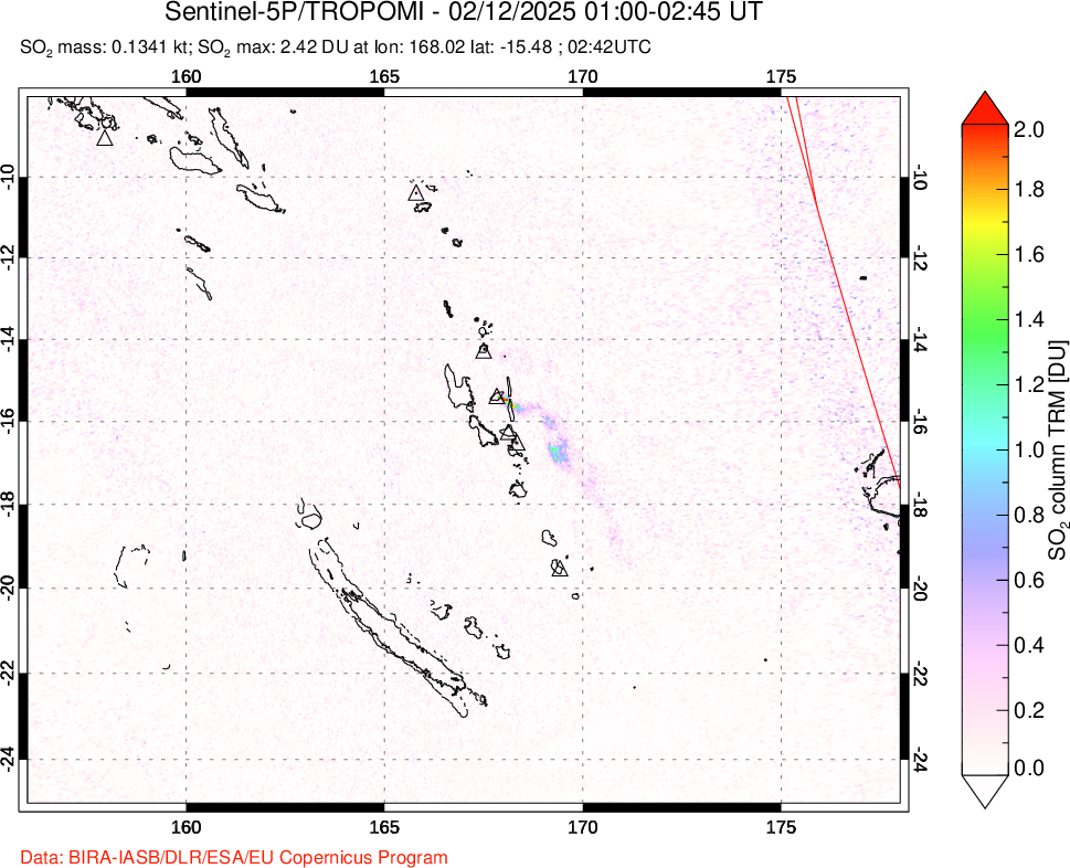 A sulfur dioxide image over Vanuatu, South Pacific on Feb 12, 2025.