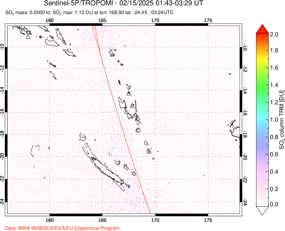 A sulfur dioxide image over Vanuatu, South Pacific on Feb 15, 2025.