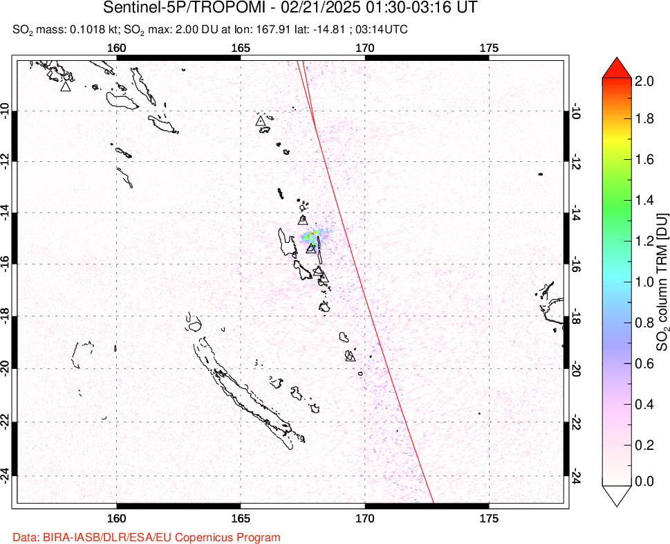 A sulfur dioxide image over Vanuatu, South Pacific on Feb 21, 2025.