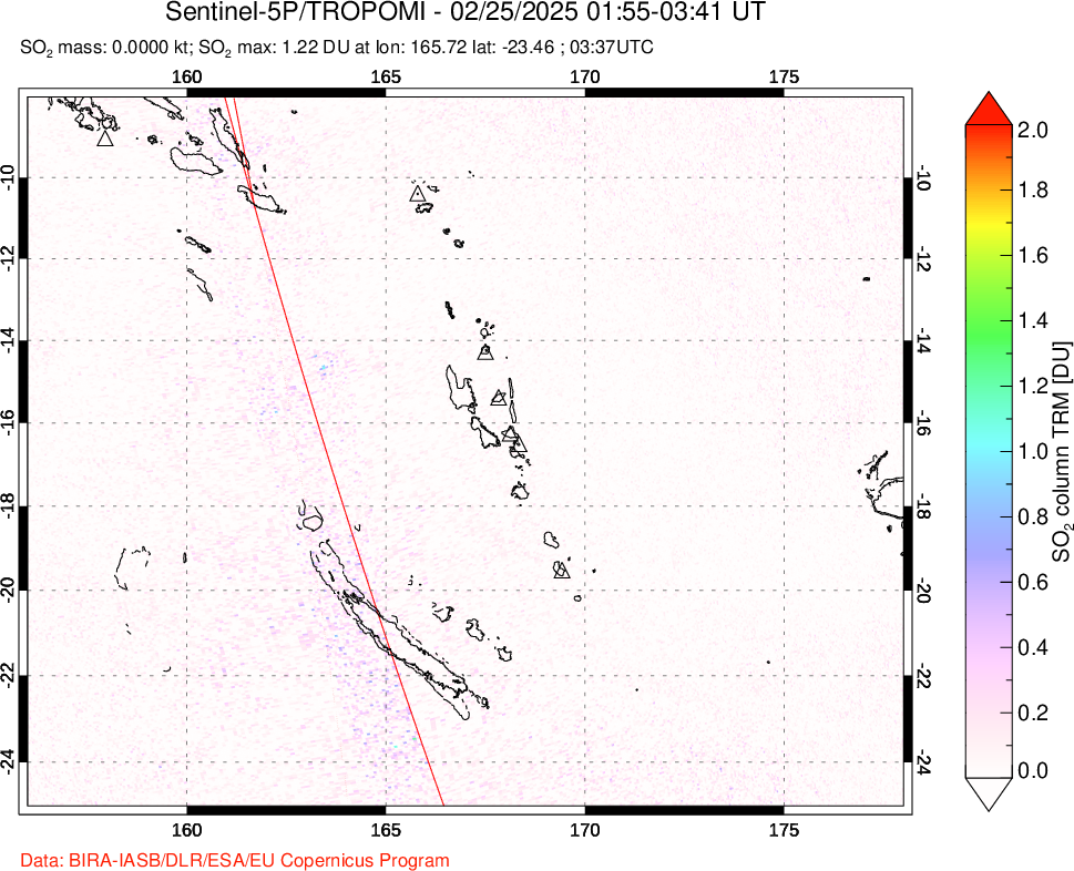 A sulfur dioxide image over Vanuatu, South Pacific on Feb 25, 2025.