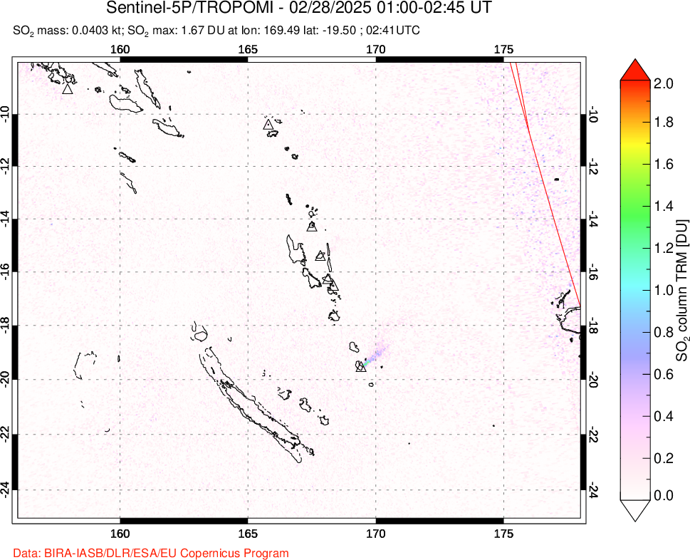 A sulfur dioxide image over Vanuatu, South Pacific on Feb 28, 2025.