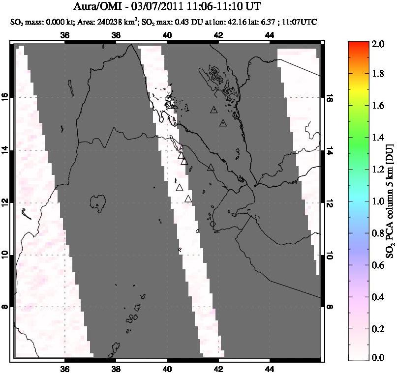 A sulfur dioxide image over Afar and southern Red Sea on Mar 07, 2011.