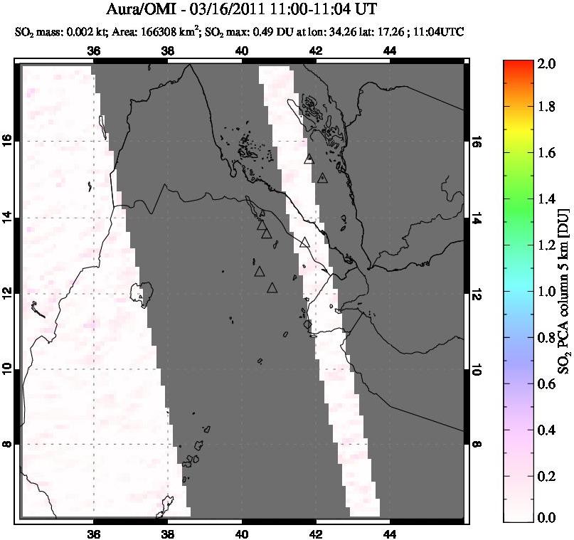 A sulfur dioxide image over Afar and southern Red Sea on Mar 16, 2011.