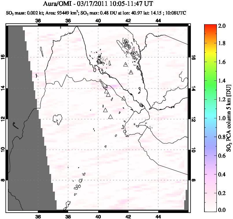 A sulfur dioxide image over Afar and southern Red Sea on Mar 17, 2011.