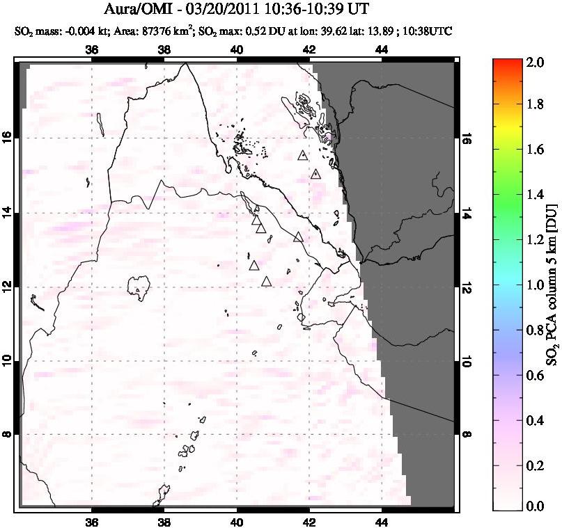 A sulfur dioxide image over Afar and southern Red Sea on Mar 20, 2011.