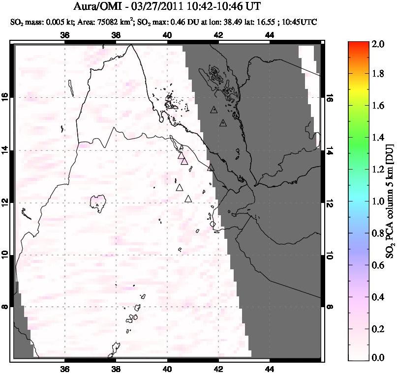 A sulfur dioxide image over Afar and southern Red Sea on Mar 27, 2011.