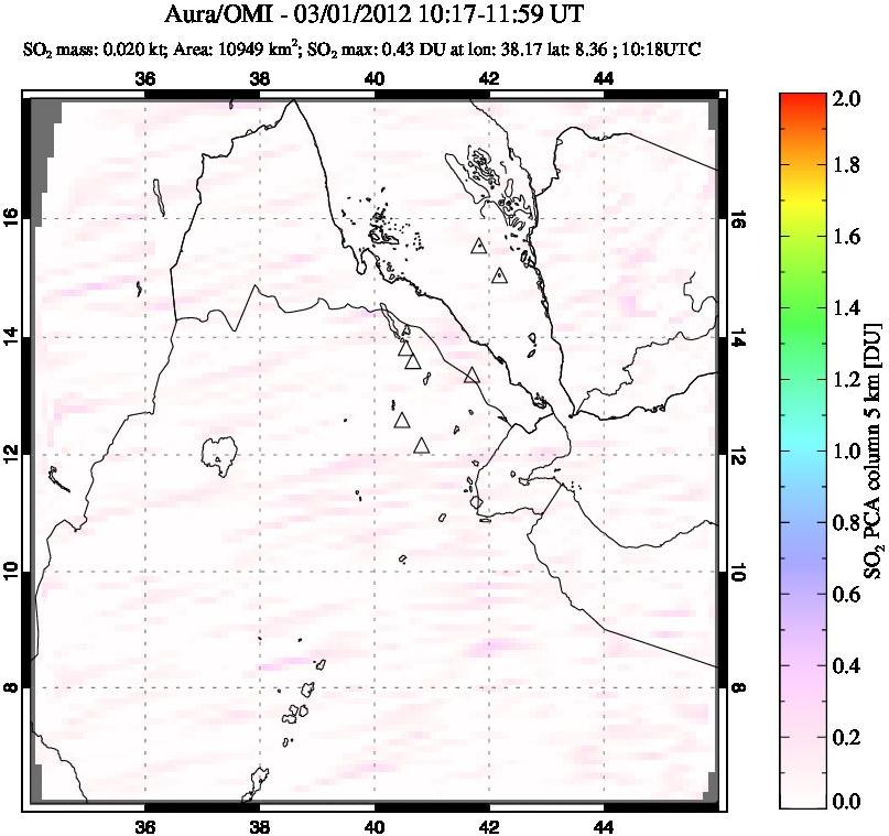 A sulfur dioxide image over Afar and southern Red Sea on Mar 01, 2012.