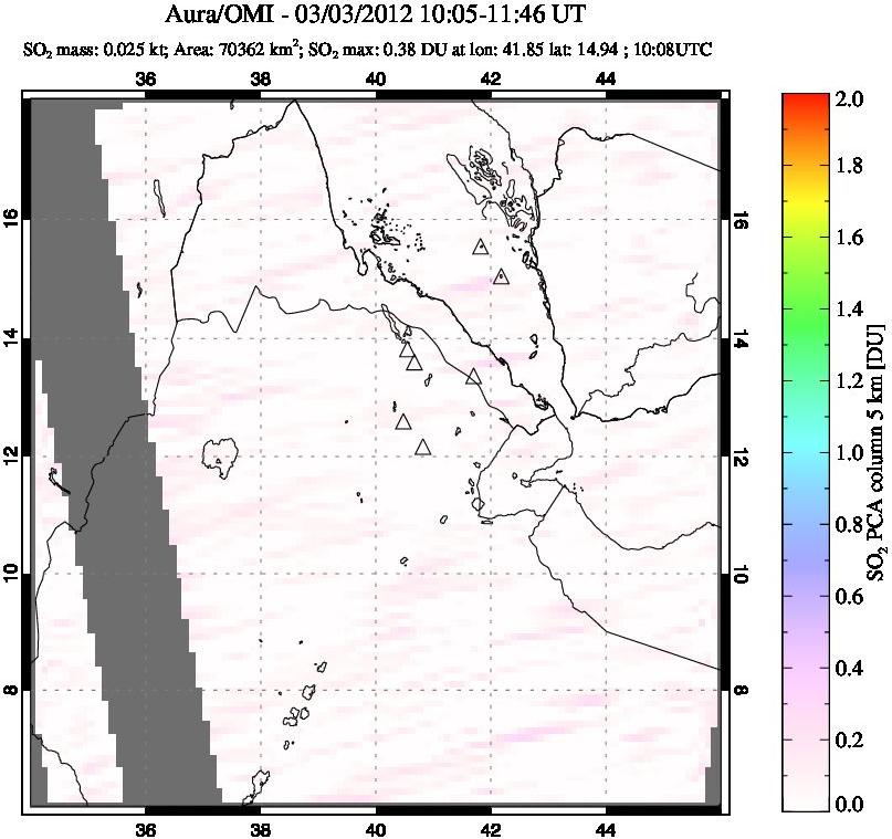 A sulfur dioxide image over Afar and southern Red Sea on Mar 03, 2012.