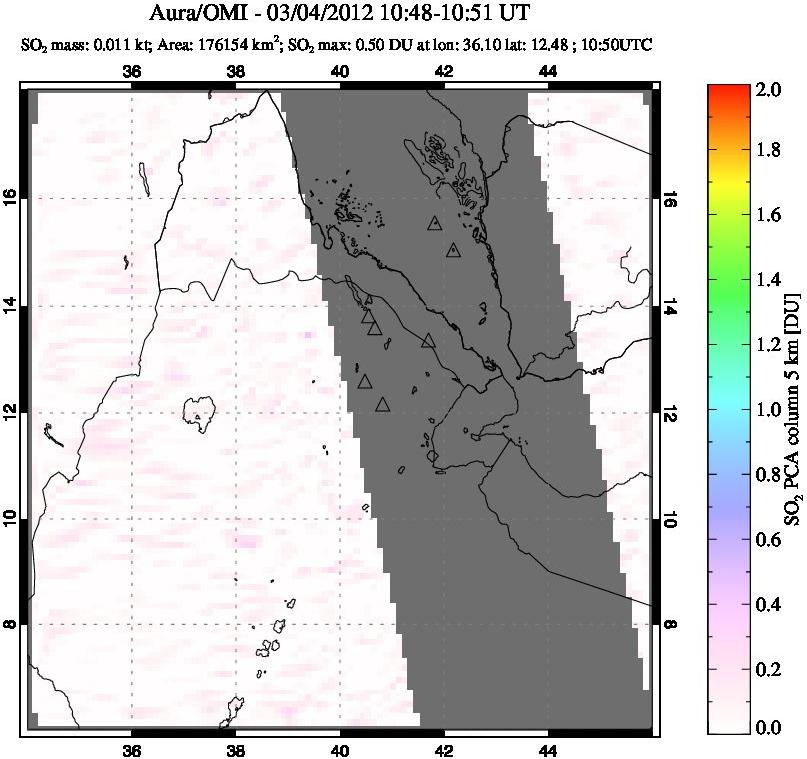 A sulfur dioxide image over Afar and southern Red Sea on Mar 04, 2012.