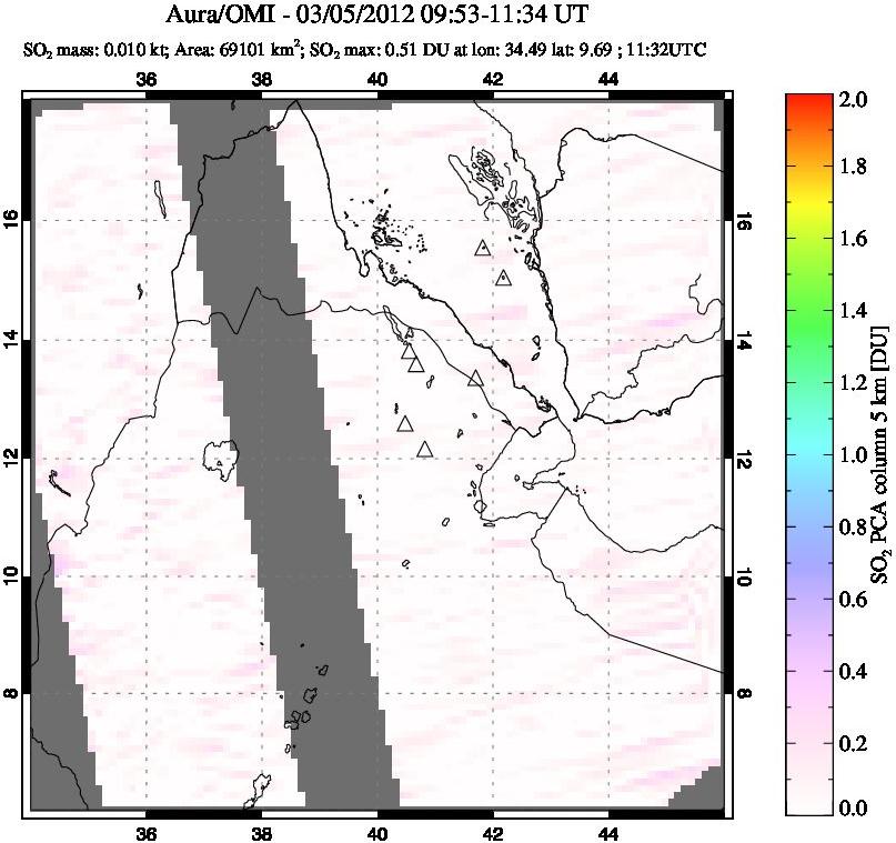 A sulfur dioxide image over Afar and southern Red Sea on Mar 05, 2012.