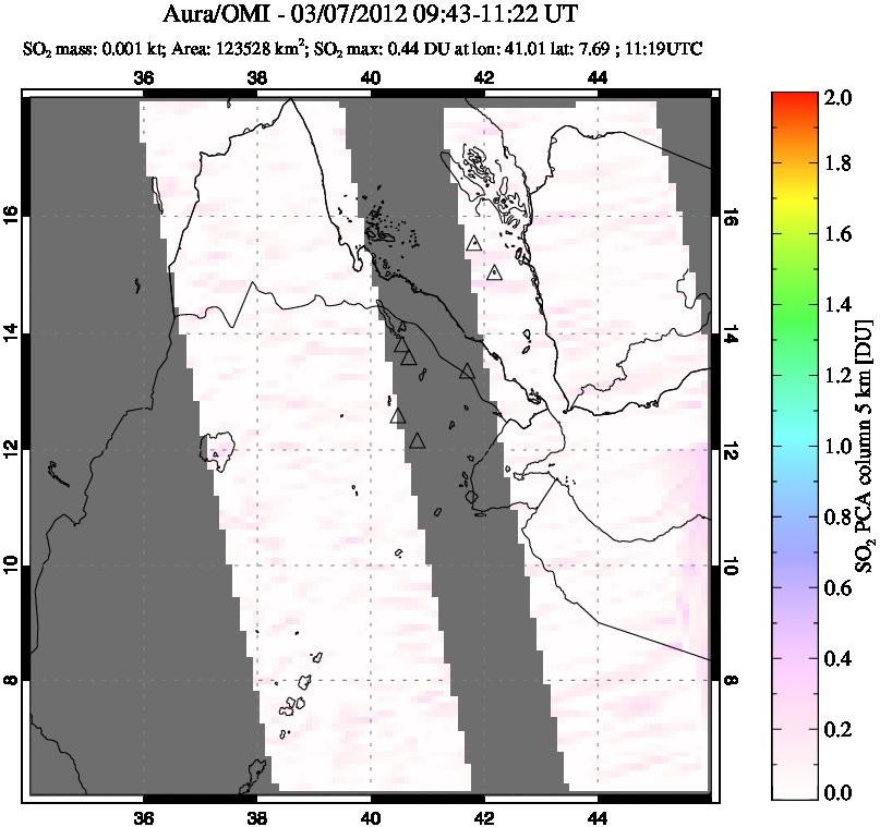 A sulfur dioxide image over Afar and southern Red Sea on Mar 07, 2012.