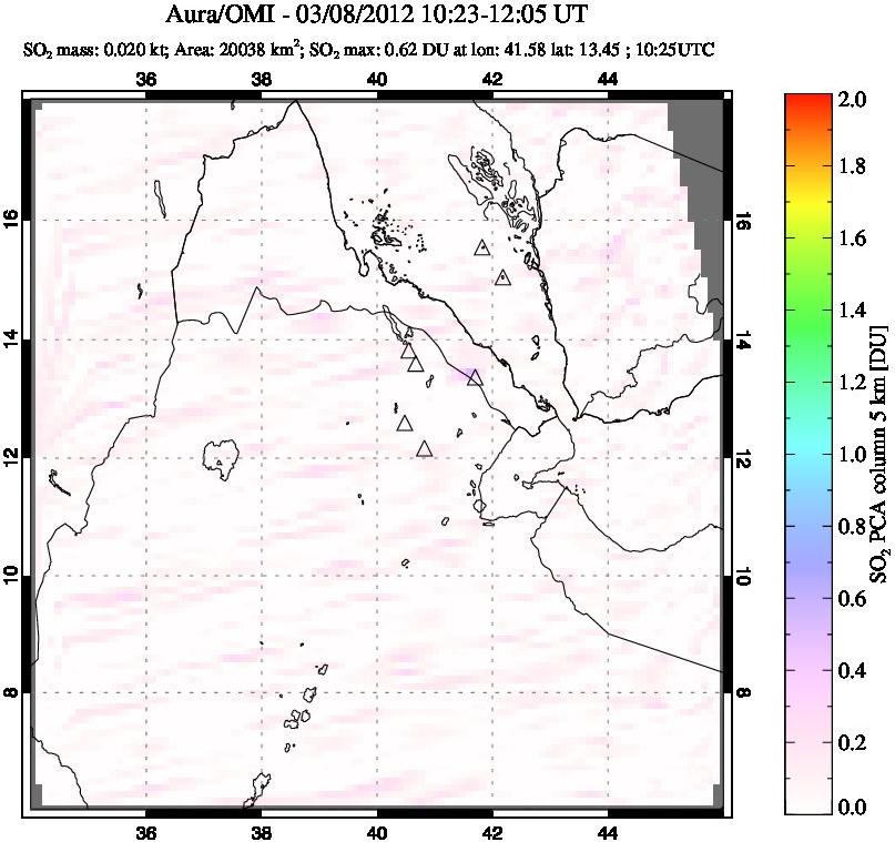 A sulfur dioxide image over Afar and southern Red Sea on Mar 08, 2012.
