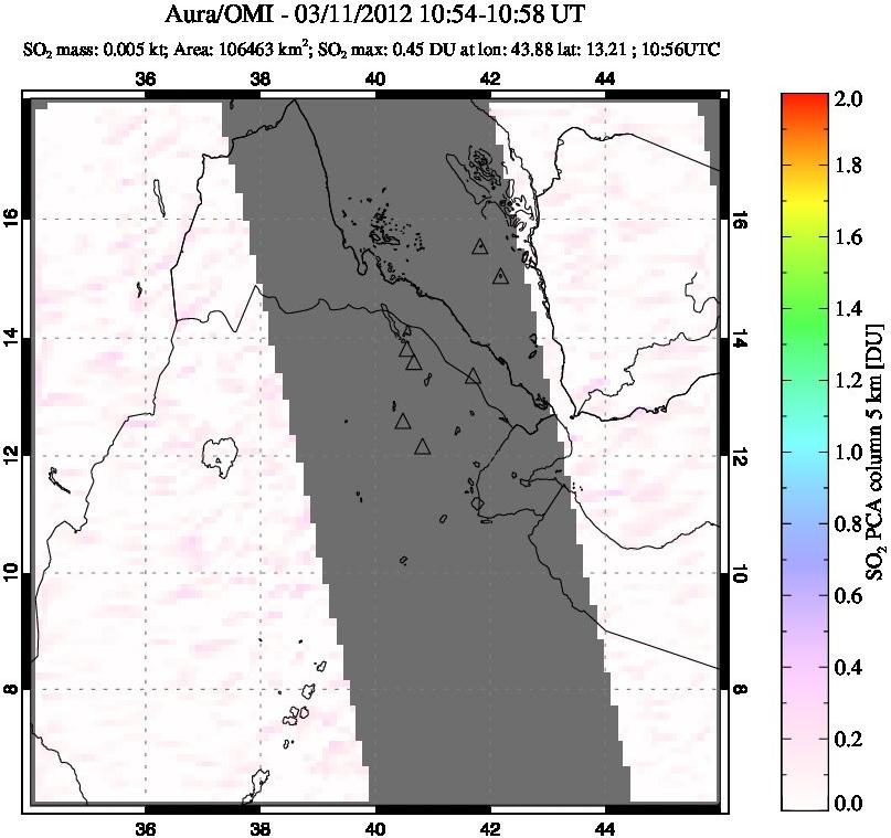 A sulfur dioxide image over Afar and southern Red Sea on Mar 11, 2012.