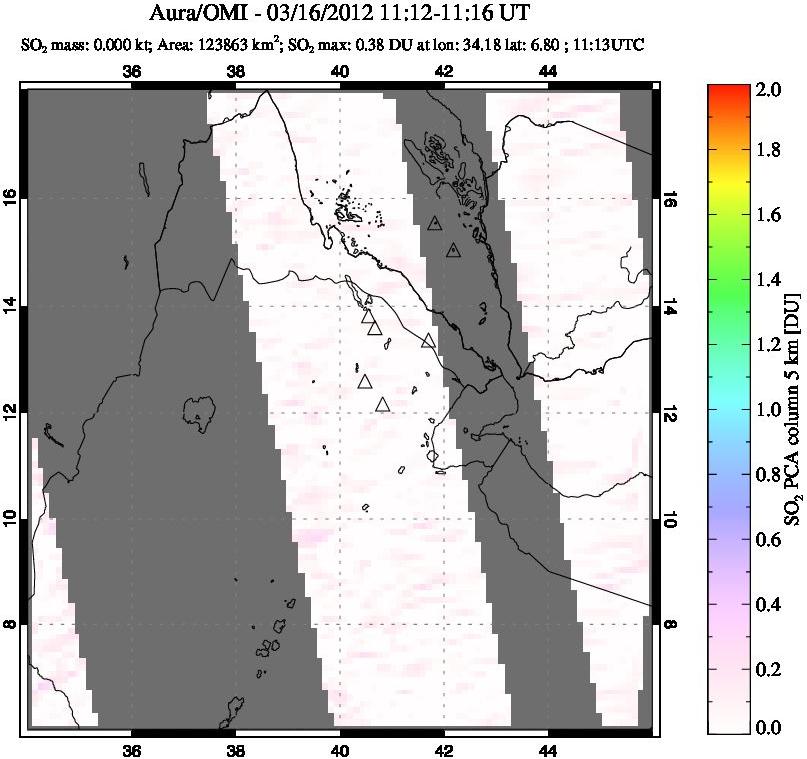 A sulfur dioxide image over Afar and southern Red Sea on Mar 16, 2012.