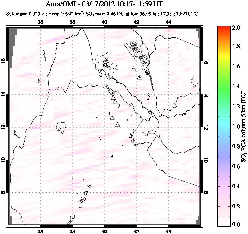 A sulfur dioxide image over Afar and southern Red Sea on Mar 17, 2012.