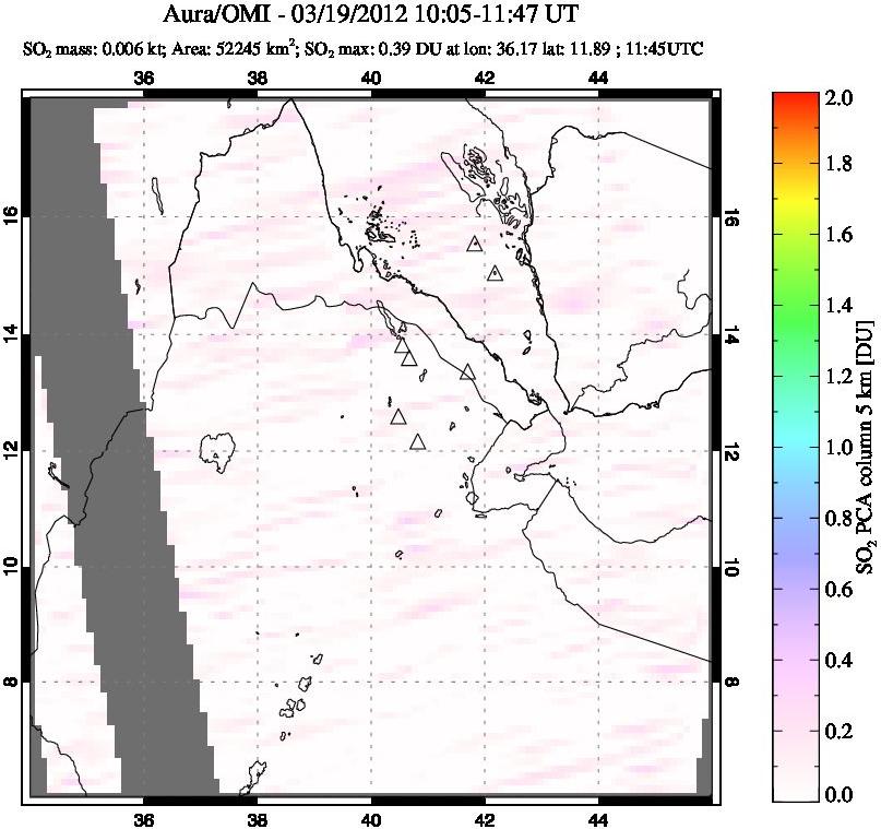 A sulfur dioxide image over Afar and southern Red Sea on Mar 19, 2012.