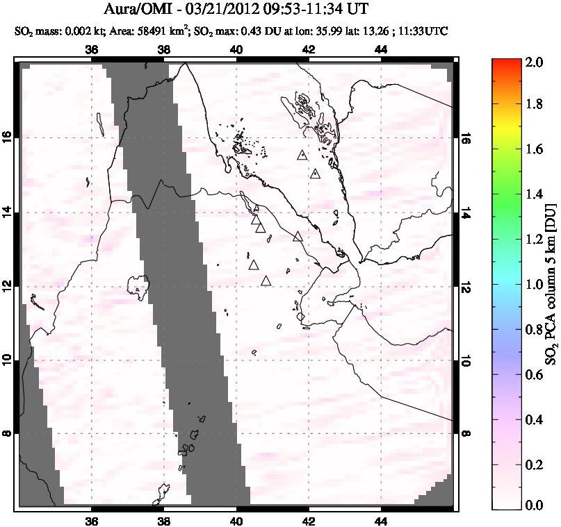 A sulfur dioxide image over Afar and southern Red Sea on Mar 21, 2012.