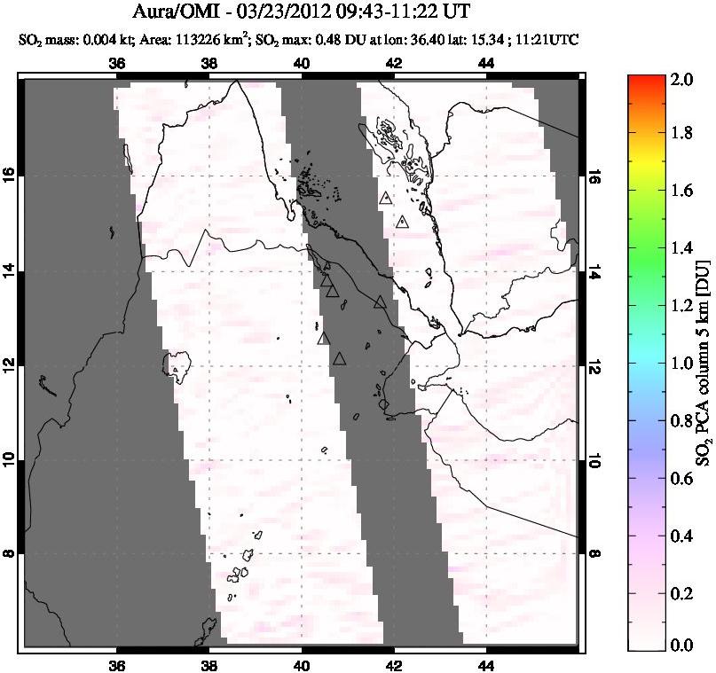 A sulfur dioxide image over Afar and southern Red Sea on Mar 23, 2012.