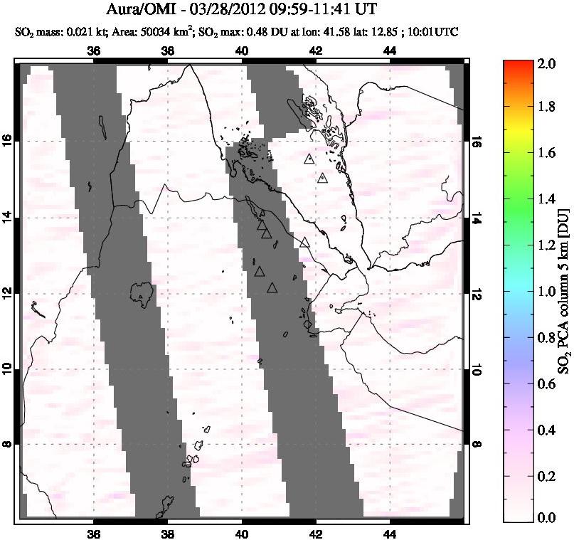 A sulfur dioxide image over Afar and southern Red Sea on Mar 28, 2012.