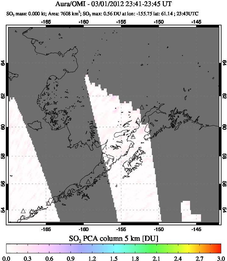 A sulfur dioxide image over Alaska, USA on Mar 01, 2012.