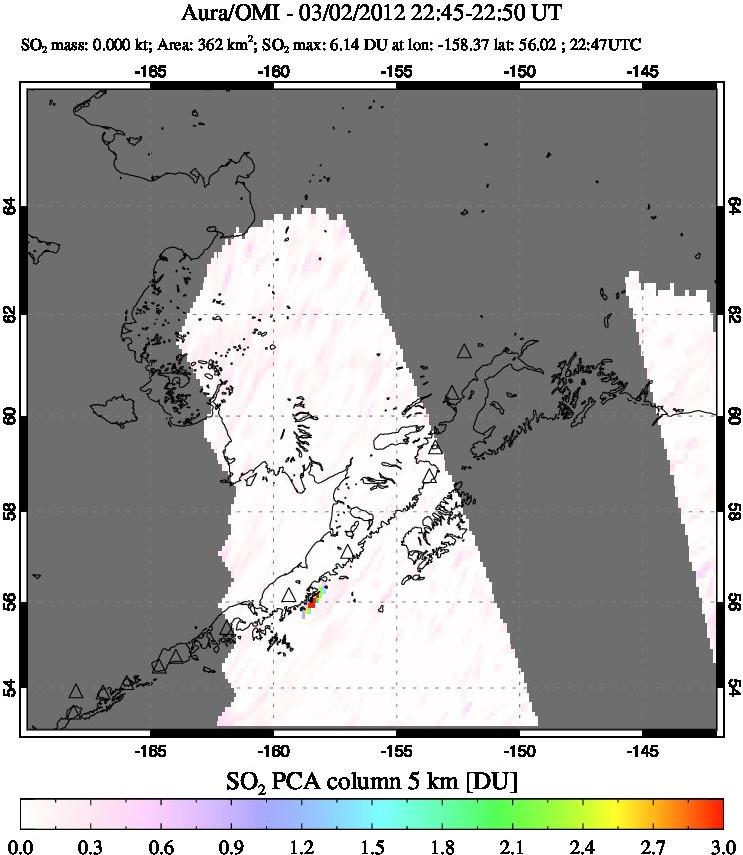A sulfur dioxide image over Alaska, USA on Mar 02, 2012.