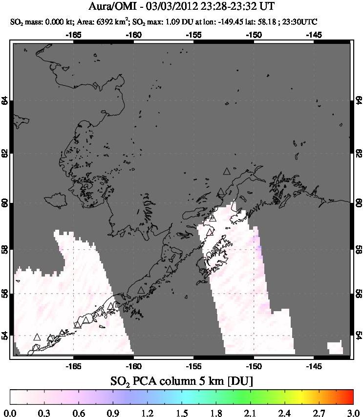 A sulfur dioxide image over Alaska, USA on Mar 03, 2012.