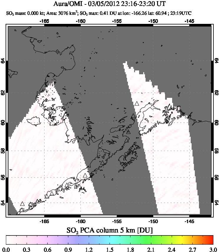 A sulfur dioxide image over Alaska, USA on Mar 05, 2012.