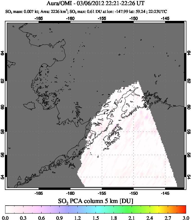 A sulfur dioxide image over Alaska, USA on Mar 06, 2012.