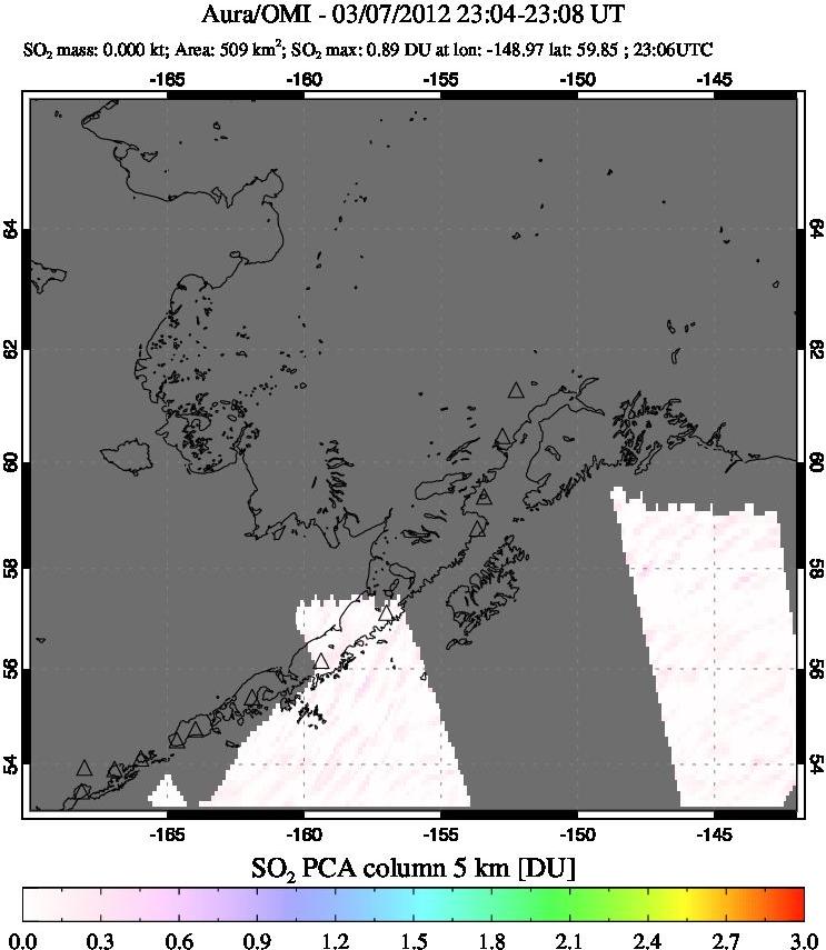A sulfur dioxide image over Alaska, USA on Mar 07, 2012.