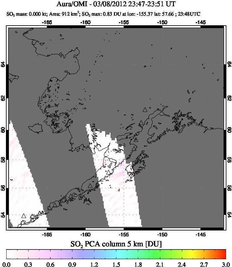 A sulfur dioxide image over Alaska, USA on Mar 08, 2012.