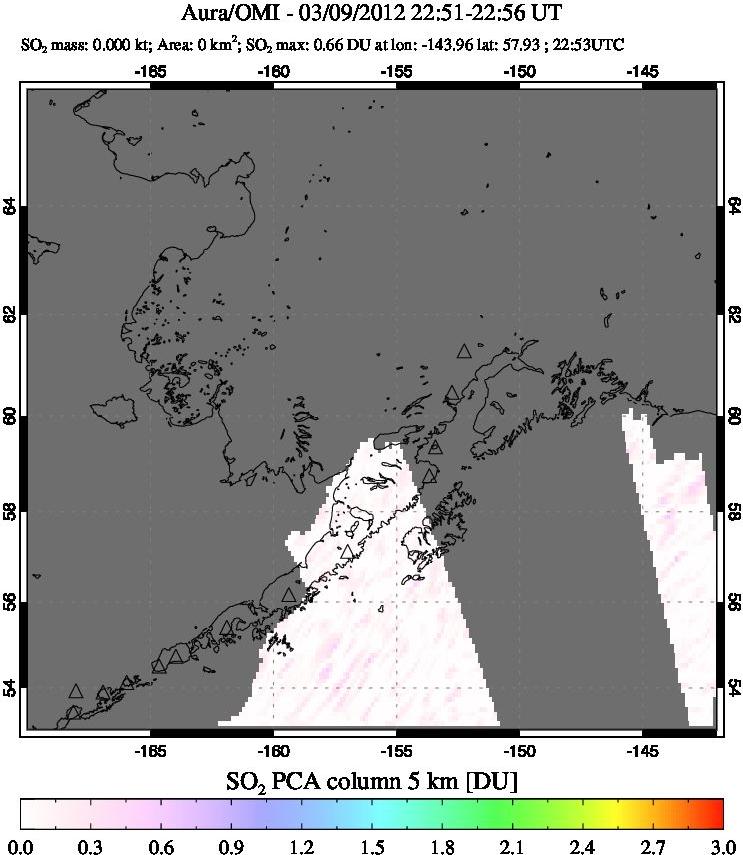 A sulfur dioxide image over Alaska, USA on Mar 09, 2012.
