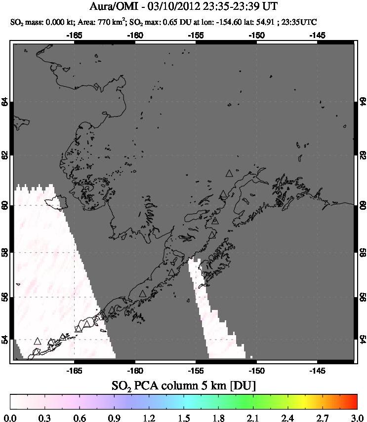 A sulfur dioxide image over Alaska, USA on Mar 10, 2012.
