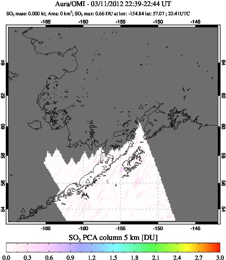 A sulfur dioxide image over Alaska, USA on Mar 11, 2012.