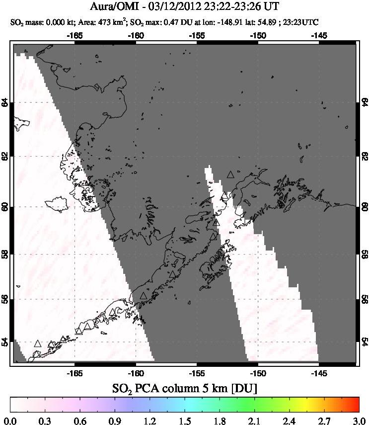 A sulfur dioxide image over Alaska, USA on Mar 12, 2012.