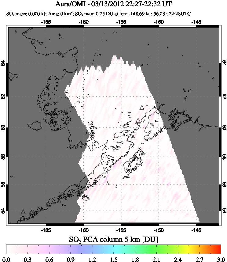 A sulfur dioxide image over Alaska, USA on Mar 13, 2012.