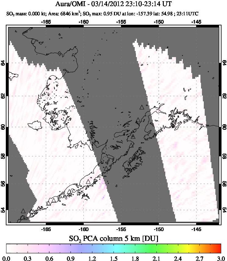 A sulfur dioxide image over Alaska, USA on Mar 14, 2012.