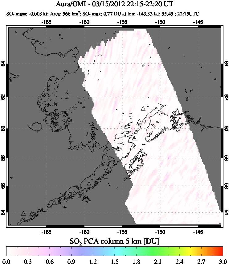 A sulfur dioxide image over Alaska, USA on Mar 15, 2012.