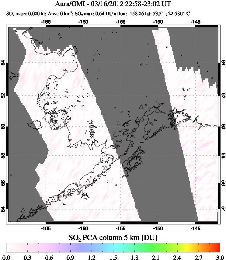 A sulfur dioxide image over Alaska, USA on Mar 16, 2012.
