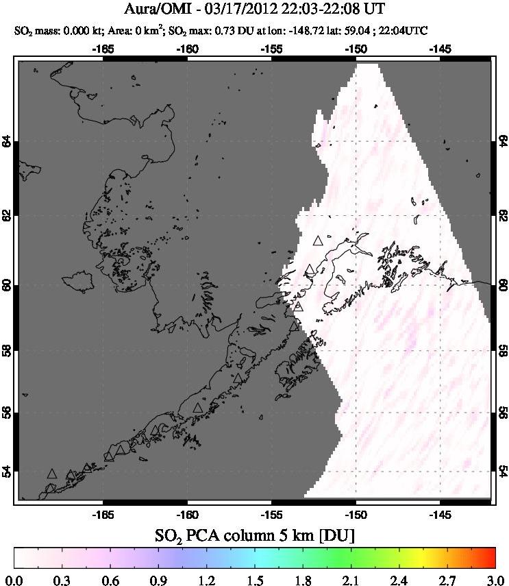 A sulfur dioxide image over Alaska, USA on Mar 17, 2012.