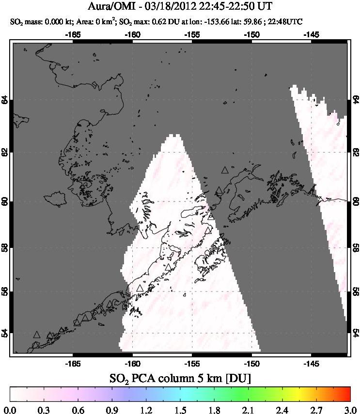 A sulfur dioxide image over Alaska, USA on Mar 18, 2012.